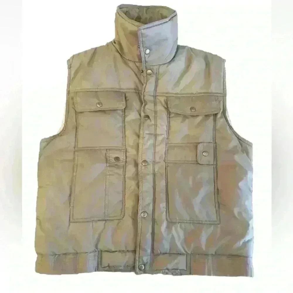 Ozark Trail Puffer Vest Mens M Tan Beige Snap Nylon/Poly Utility Camp Hunt Fish
